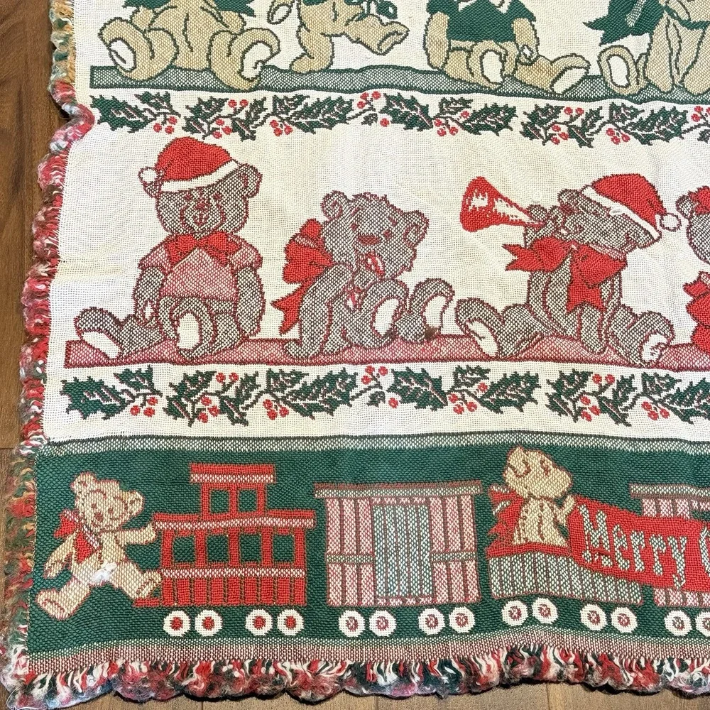 VTG Christmas Teddy Bear Train Woven Throw Blanket 49x56 Fringe Holiday Decor